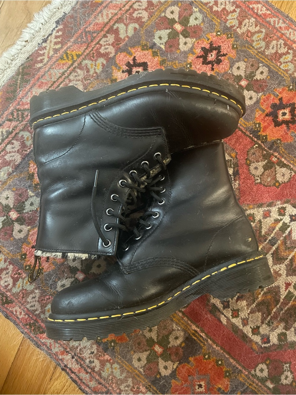 Dr. Martens Black Leather Combat Boots with Leopard Faux Fur Lining